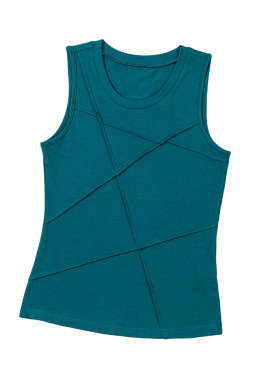 Blue Sapphire Solid Color Stitching Detail Round Neck Tank Top