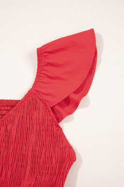 Fiery Red V Neck Flutter Sleeve Smocked Bodice High Waist Ruffle Maxi Dress