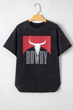 Black HOWDY Steer Head Print Side Slits Graphic T Shirt
