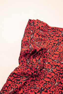 Red Floral Print Ruffle Sleeve Plus Size Top