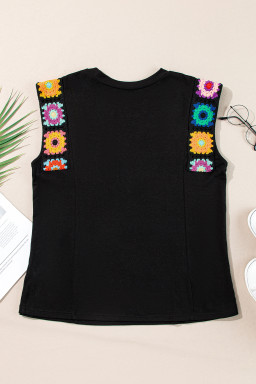 Black Floral Crochet Patchwork Crew Neck Sleeveless Top