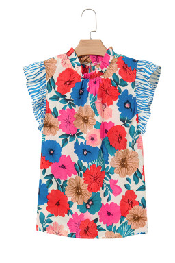 Sky Blue Floral Mock Neck Striped Ruffle Blouse