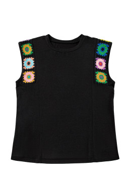 Black Floral Crochet Patchwork Crew Neck Sleeveless Top