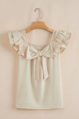 Beige Textured Bow Frilled Ruffle Sleeve Blouse