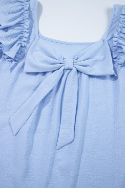Beau Blue Textured Bow Frilled Ruffle Sleeve Blouse
