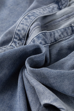 Dusk Blue V Neck Ruffled Short Puff Sleeve Denim Top