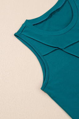 Blue Sapphire Solid Color Stitching Detail Round Neck Tank Top
