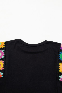 Black Floral Crochet Patchwork Crew Neck Sleeveless Top