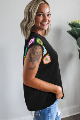 Black Floral Crochet Patchwork Crew Neck Sleeveless Top