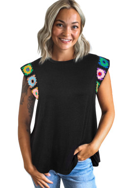 Black Floral Crochet Patchwork Crew Neck Sleeveless Top