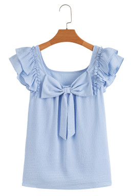 Beau Blue Textured Bow Frilled Ruffle Sleeve Blouse