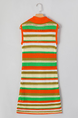 Yellow Stripe Eyelet Sleeveless Buttoned Split Neck Knit Dress