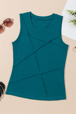 Blue Sapphire Solid Color Stitching Detail Round Neck Tank Top