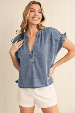 Dusk Blue V Neck Ruffled Short Puff Sleeve Denim Top