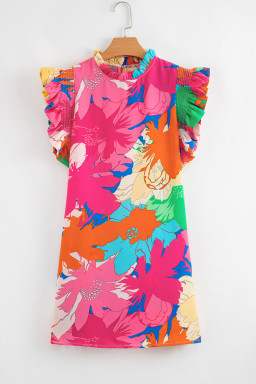 Pink Floral Print Flutter Sleeve Pockets Mini Dress