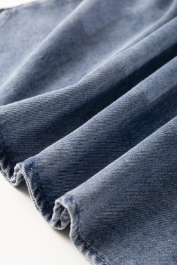 Dusk Blue V Neck Ruffled Short Puff Sleeve Denim Top