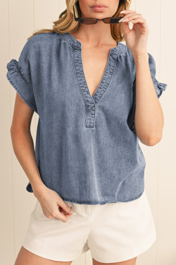 Dusk Blue V Neck Ruffled Short Puff Sleeve Denim Top