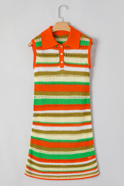 Yellow Stripe Eyelet Sleeveless Buttoned Split Neck Knit Dress