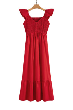 Fiery Red V Neck Flutter Sleeve Smocked Bodice High Waist Ruffle Maxi Dress
