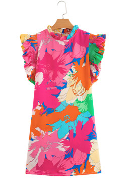 Pink Floral Print Flutter Sleeve Pockets Mini Dress