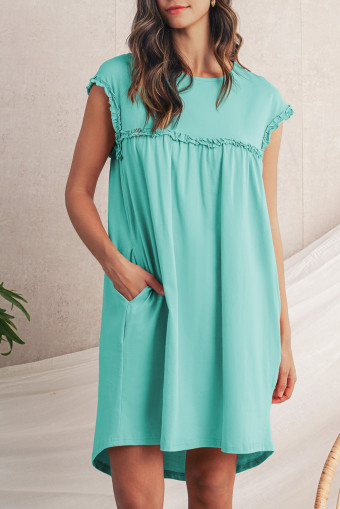 Mint Green Frilled Trim Crewneck Loose Fit Mini Dress