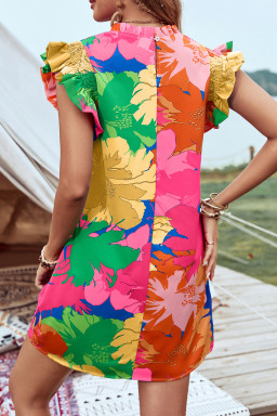 Pink Floral Print Flutter Sleeve Pockets Mini Dress