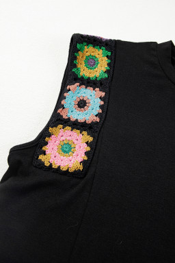 Black Floral Crochet Patchwork Crew Neck Sleeveless Top