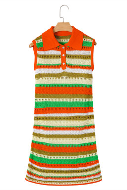Yellow Stripe Eyelet Sleeveless Buttoned Split Neck Knit Dress
