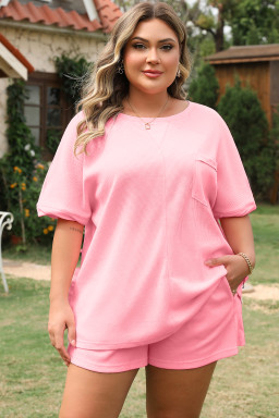 Pink Plus Size Waffle Knit Exposed Seam Tee and Shorts Set