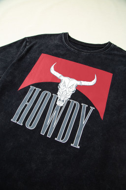 Black HOWDY Steer Head Print Side Slits Graphic T Shirt