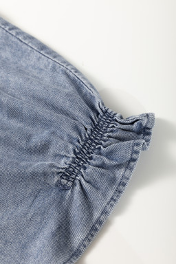 Dusk Blue V Neck Ruffled Short Puff Sleeve Denim Top