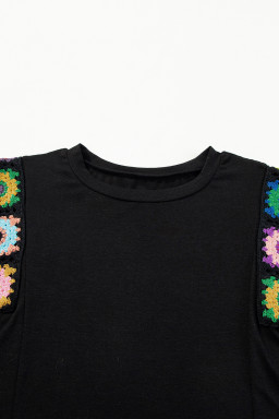 Black Floral Crochet Patchwork Crew Neck Sleeveless Top