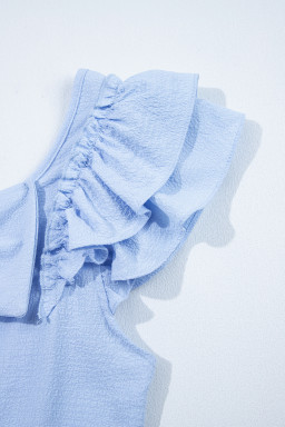 Beau Blue Textured Bow Frilled Ruffle Sleeve Blouse