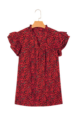 Red Floral Print Ruffle Sleeve Plus Size Top