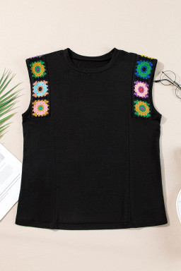 Black Floral Crochet Patchwork Crew Neck Sleeveless Top