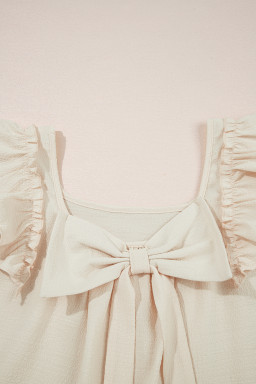 Beige Textured Bow Frilled Ruffle Sleeve Blouse