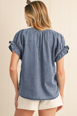 Dusk Blue V Neck Ruffled Short Puff Sleeve Denim Top