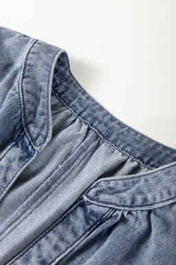 Dusk Blue V Neck Ruffled Short Puff Sleeve Denim Top