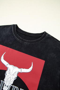Black HOWDY Steer Head Print Side Slits Graphic T Shirt