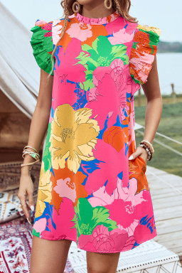 Pink Floral Print Flutter Sleeve Pockets Mini Dress