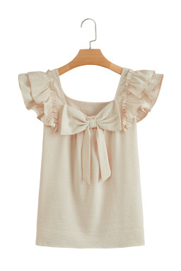 Beige Textured Bow Frilled Ruffle Sleeve Blouse