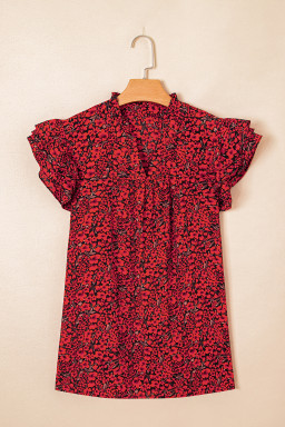 Red Floral Print Ruffle Sleeve Plus Size Top