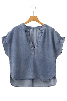 Dusk Blue V Neck Ruffled Short Puff Sleeve Denim Top