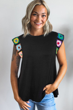 Black Floral Crochet Patchwork Crew Neck Sleeveless Top
