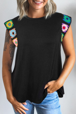Black Floral Crochet Patchwork Crew Neck Sleeveless Top