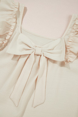 Beige Textured Bow Frilled Ruffle Sleeve Blouse