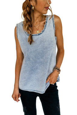 Beau Blue Mineral Wash Denim Frayed U Neck Sleeveless Top