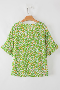 Green Floral Print Ruffle Sleeve V Neck Pleated Blouse