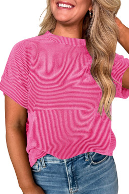 Bright Pink Plain Corded Mock Neck T Shirt