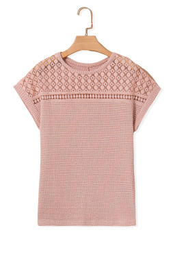 Light Pink Hollow Patchwork Waffle Knit Top